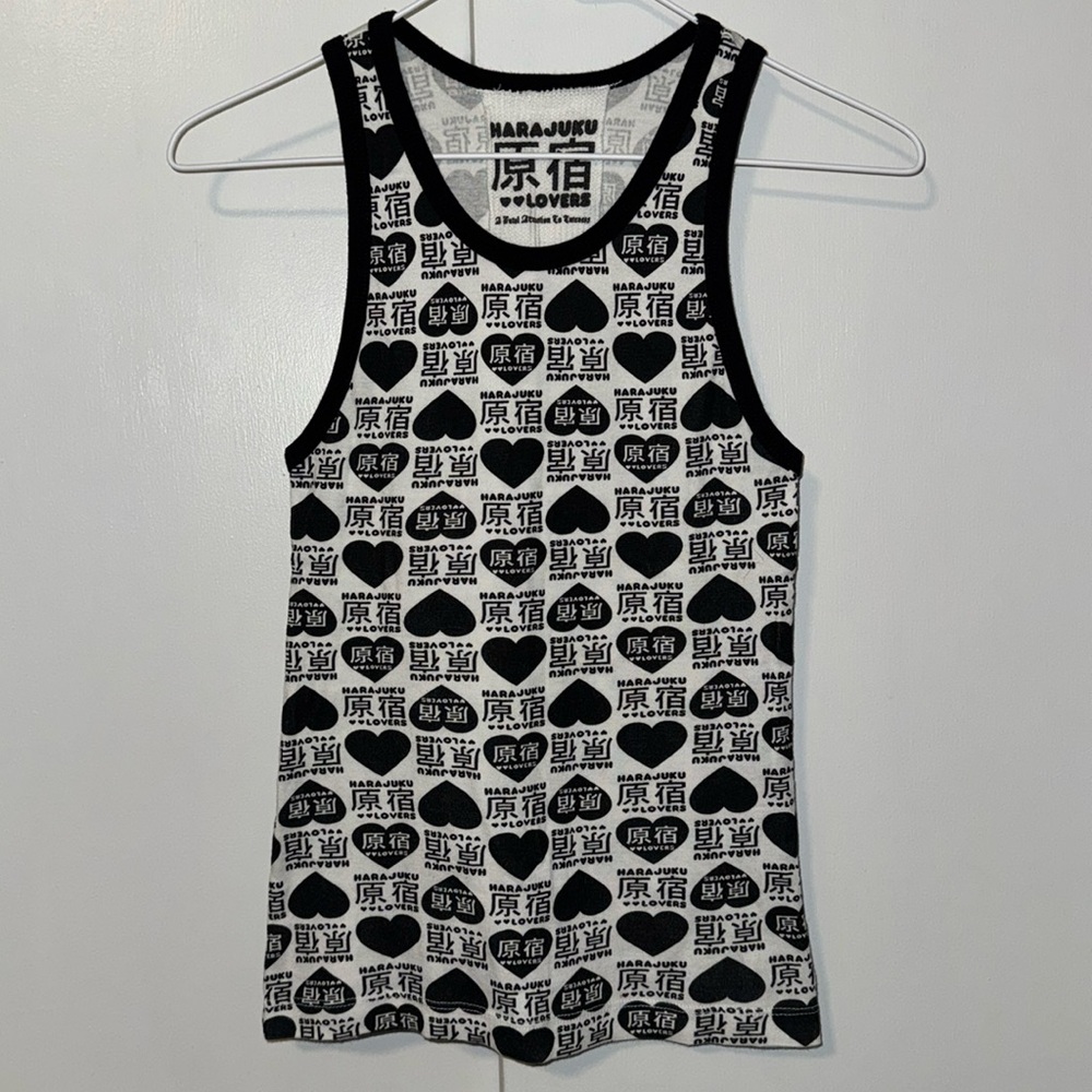 Harajuku Lovers by Gwen Stefani Ringer Tank Top Black & White Hearts S Small Y2K - Picture 3 of 15